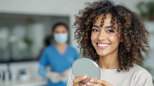 Smiling woman holding a mirror at a dental office after tooth-colored filling treatment